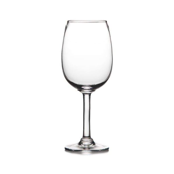 Empty clear wine glass with rounded bowl and stem on white background.
