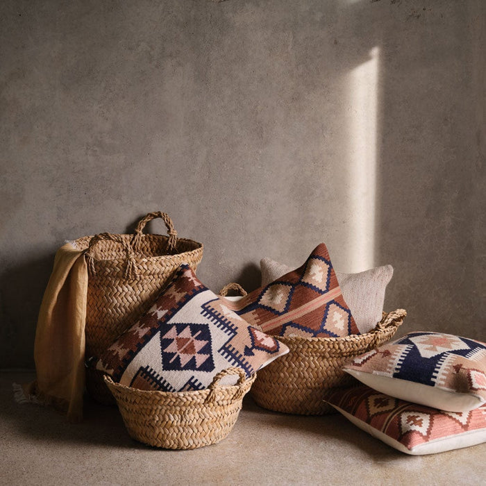 Turkish kilim pillows in chunky woven baskets,Ecru